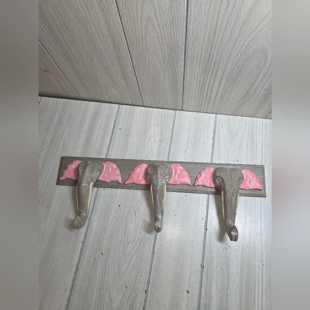 Vtg Pier 1 Carved Wooded Elephant Wall Hook Coat/Hat Rack Nursery Kids Room